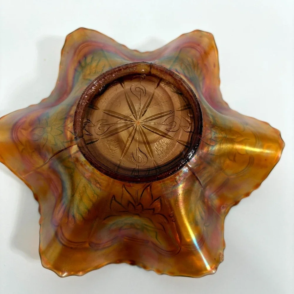 Vintage Marigold Carnival Glass Bowl Ruffle Edge IrIridescent Floral Collectible